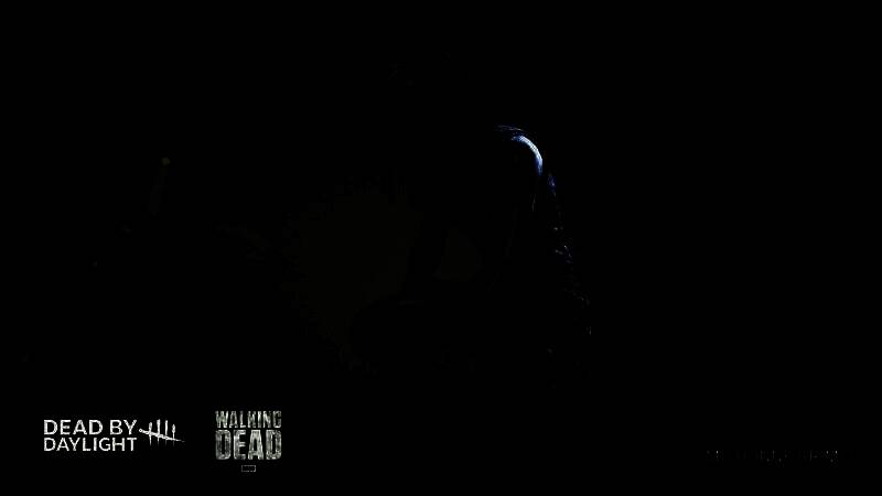 《黎明杀机：行尸走肉》联动章节LOGO，黑色背景上红色字体，下方有瑞克与米琼恩剪影