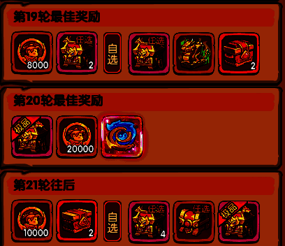 翻牌轮数奖励表，清晰列出1-20轮奖励内容，第20轮标注‘天阶本源魂印+海量纪念币’，背景为金色边框