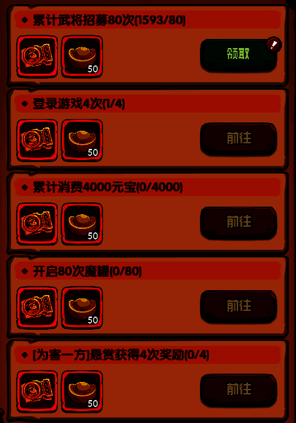 每日任务列表界面，任务包括登录、战斗、翻牌等，每项完成后可领取10张门票，总计40张