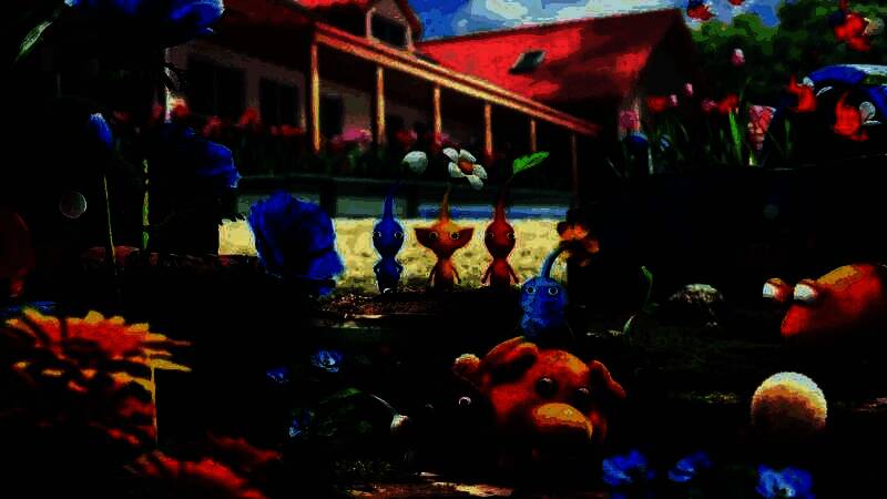 《皮克敏4》游戏画面，主角与一群色彩鲜艳的皮克敏小生物在黄昏森林中并肩前行，氛围温暖治愈