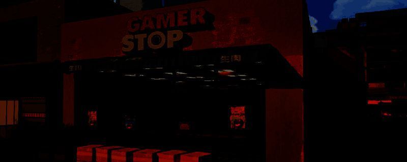 《Gamer Stop Simulator》游戏主界面展示，店铺内部布局清晰，角色站在收银台后等待顾客光临
