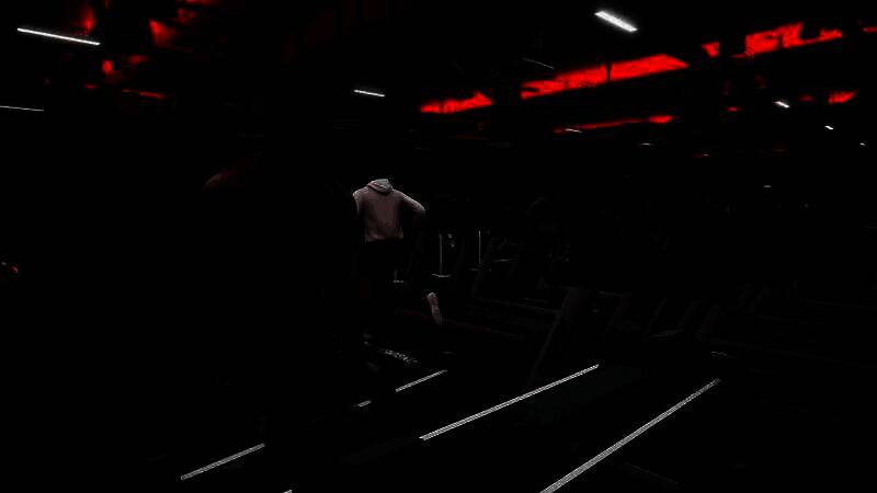 两名角色在健身舞台上展示肌肉造型，评委认真打分，观众席氛围热烈