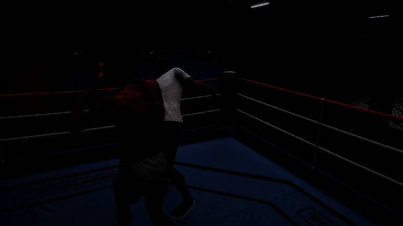 角色在台球桌前专注击球，背景是健身房的休闲区