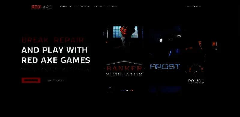 Red Axe Games官网页面截图，展示《Gamer Stop Simulator》的游戏介绍卡片与开发团队信息