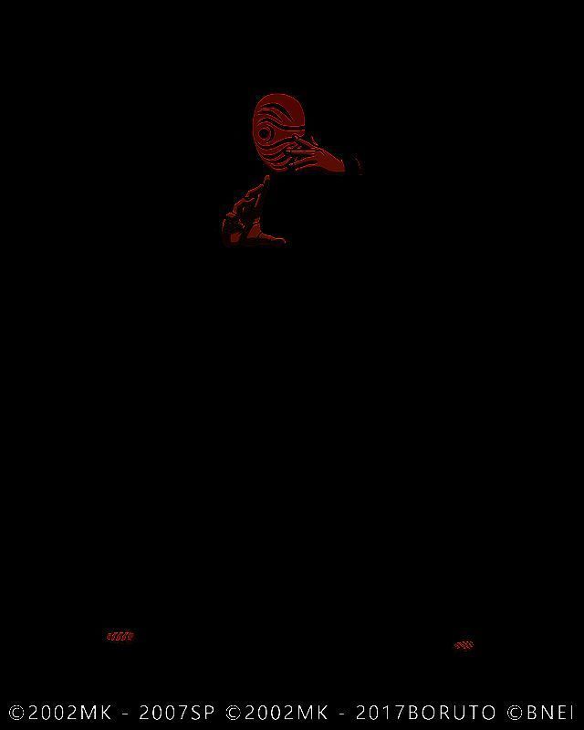 宇智波带土戴着神威面具，身穿晓组织黑底红云长袍，眼神冷峻地站在废墟之中