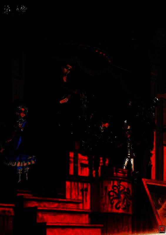 《第五人格》缪斯剧院舞台全景，灯光璀璨，角色剪影伫立舞台中央，氛围梦幻而神秘