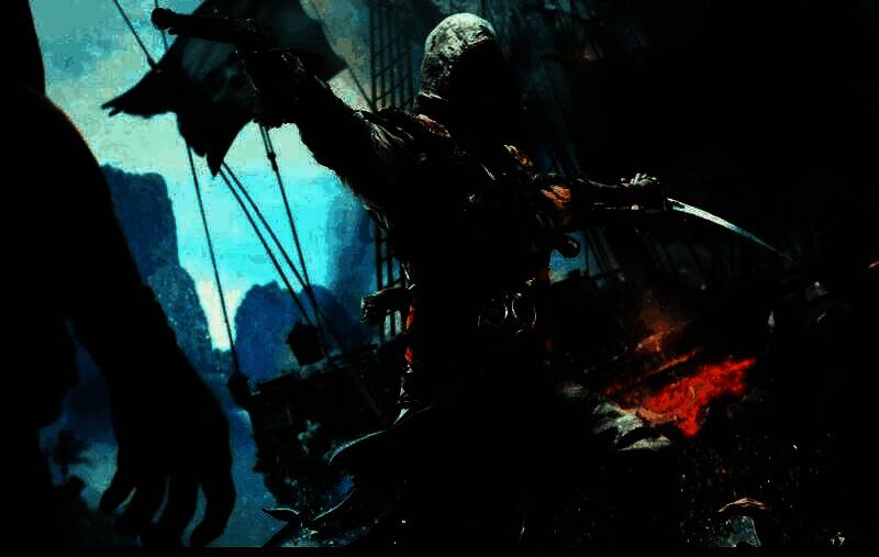 《刺客信条4：黑旗》游戏画面，主角爱德华·肯威站在船头，身后是扬帆的海盗船与广阔海洋