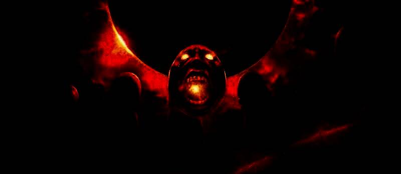 传奇宝石‘猩红贝黑莱特’特写，深红色卵石上浮现痛苦人脸，周围环绕暗红色能量