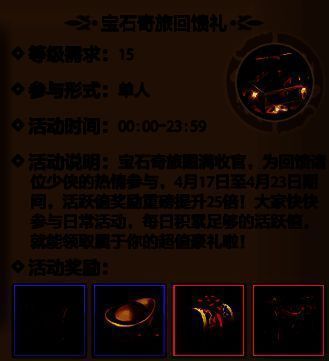 游戏活动界面展示‘宝石奇旅回馈礼’主题页面，背景为璀璨宝石与江湖风格纹饰，醒目标注‘活跃值奖励提升25倍’