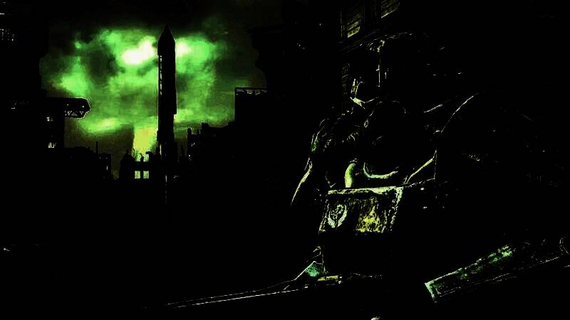 概念风格的废土城市景象，远处矗立着标志性的钢铁结构，天空呈现橙红色调，充满《辐射》系列独特的末世氛围