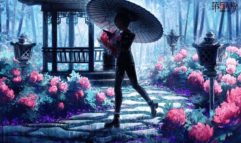 活动现场全景图，舞台布置融合谷雨元素与游戏LOGO，人群聚集拍照打卡