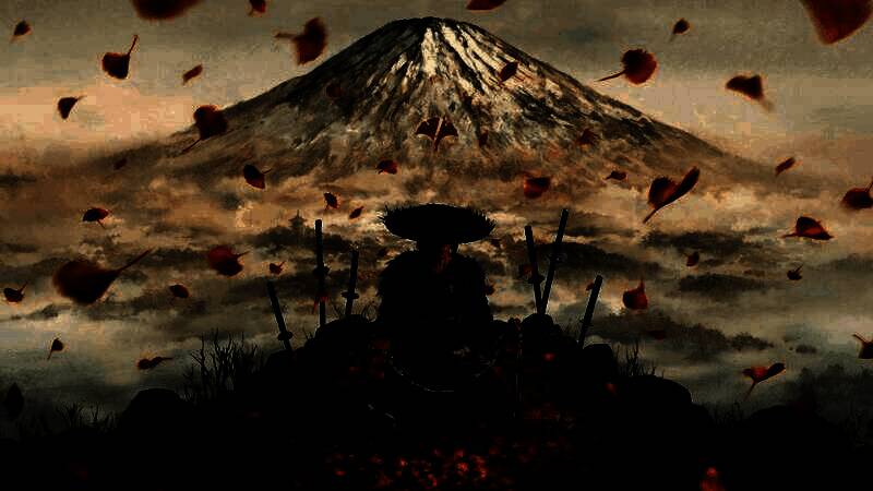 主角笃身穿传统狩猎装束，手持长刀行走在雪原之上，背景是被风雪笼罩的古老村落