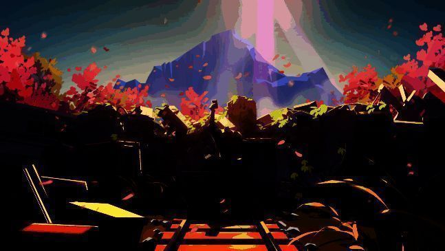 破败的车站遗址，铁轨延伸至虚空，周围漂浮着发光的尘埃