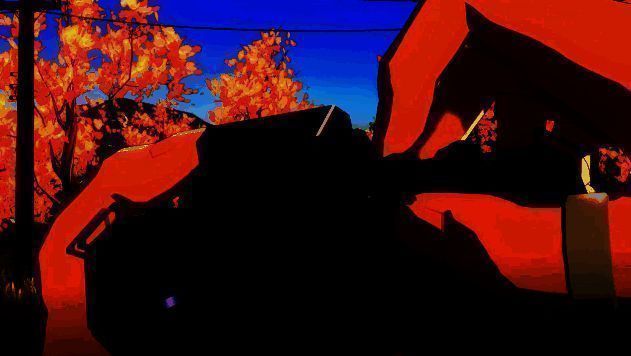 主角举起相机，屏幕上显示取景画面，远处神灵轮廓清晰，周围泛起光晕