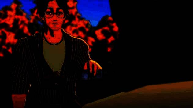 主角与少女坐在悬崖边，共同翻看相机中的照片，脸上露出微笑