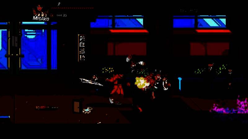 《热血硬派国夫君外传 热血少女》合作模式，两名玩家并肩作战，背景为色彩鲜明的校园场景