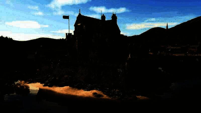 苏格兰高地牛在草原上悠闲吃草，具有长角和浓密毛发特征