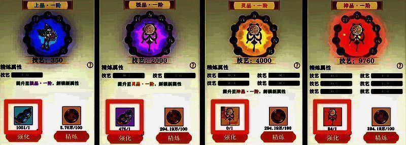 灵宝强化界面展示，左侧为当前等级与所需材料，右侧为升阶成功动画