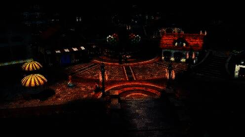 两位NPC在集市上交谈，一人手持苹果，另一人笑着指向摊位，氛围融洽