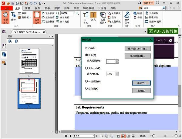 拆分文档设置窗口，展示页数选择、文件大小限制及输出命名规则