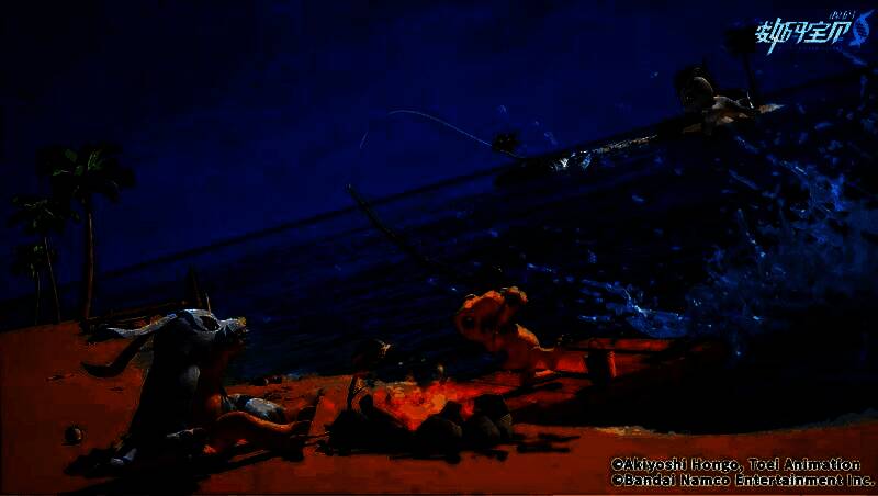 PV预告画面截图，展示数码宝贝释放奥义技能的瞬间，能量风暴席卷战场