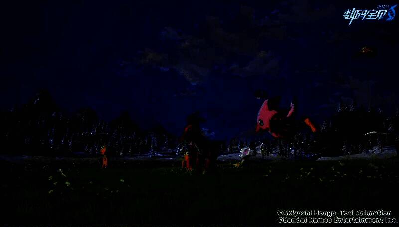 游戏内场景实机画面，阳光穿透树林洒在草地上，远处有数码宝贝缓缓走过