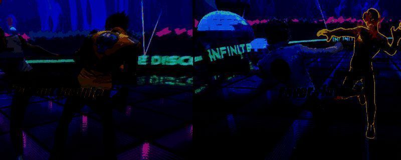 Dead as Disco游戏战斗场景，角色在霓虹光影中出拳，背景充满电子音乐波形和荧光特效