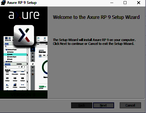 Axure安装向导界面，提示用户点击Next进入下一步
