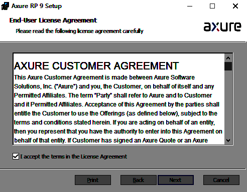 Axure许可协议界面，显示用户需勾选同意选项才能继续