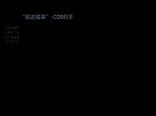 CQB射手任务全流程界面，清晰列出三种武器击杀目标及完成状态