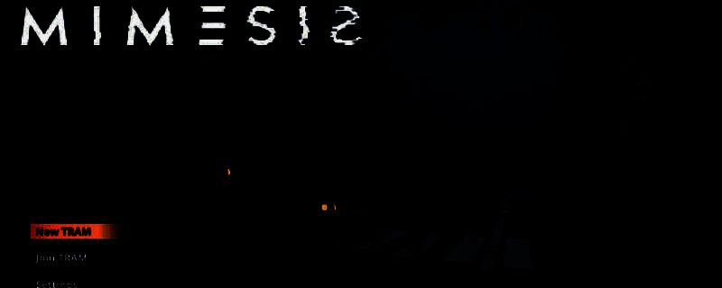 《MIMESIS》游戏主视觉图，昏暗场景中四名角色惊恐对峙神秘黑影，氛围压抑紧张