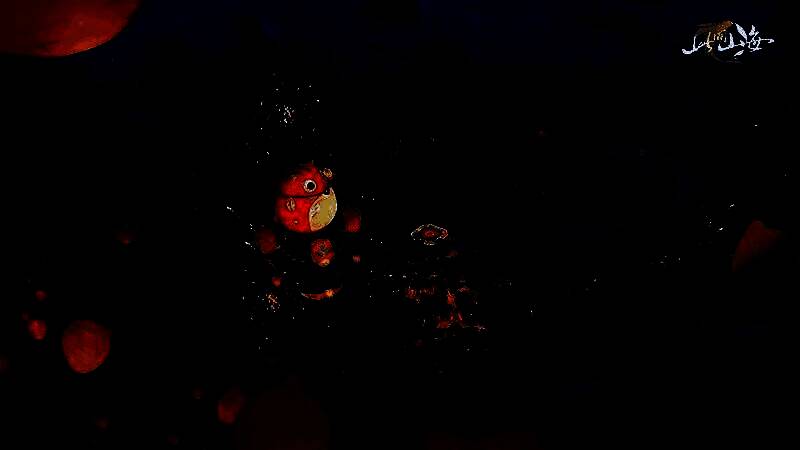 《此间山海》主城万妖城场景展示，街道上人妖共处，灯笼高挂，建筑风格融合中式古韵与奇幻元素，充满节日氛围