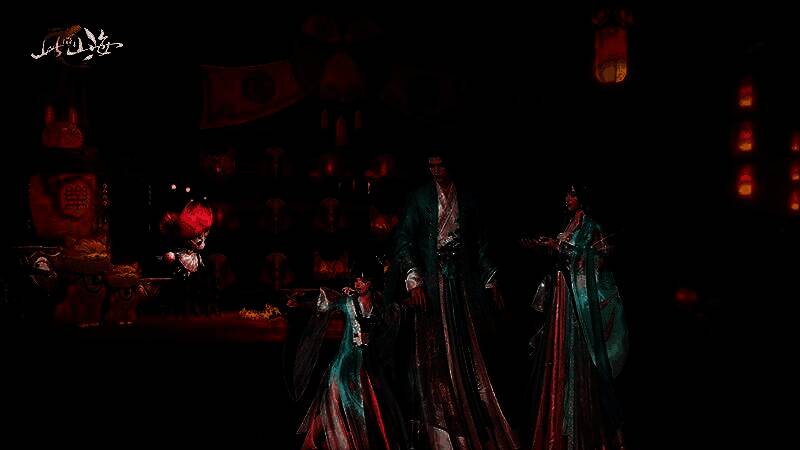 《此间山海》剧情互动场景，玩家角色蹲在古庙前查看一块刻满符文的石碑，周围光影幽暗，气氛神秘