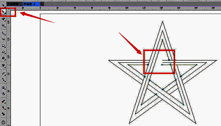 形状工具选中五角星节点，双击后断开连接，显示节点分离前后的对比图