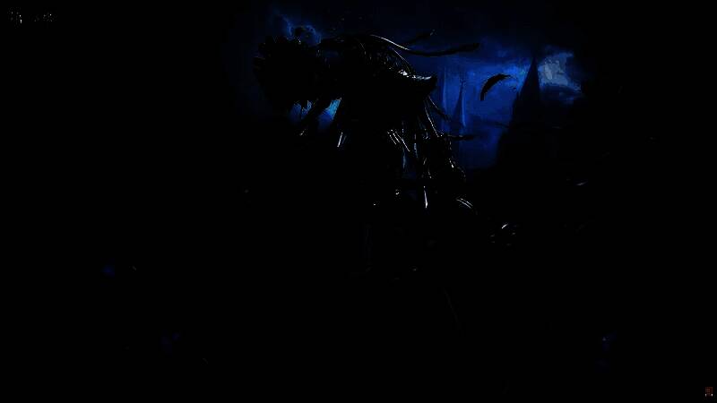 年轻时的瓦伦蒂娜跪坐在火光映照的废墟前，手中紧握血石，眼中流下泪水，背后是燃烧的老屋与高悬的血月