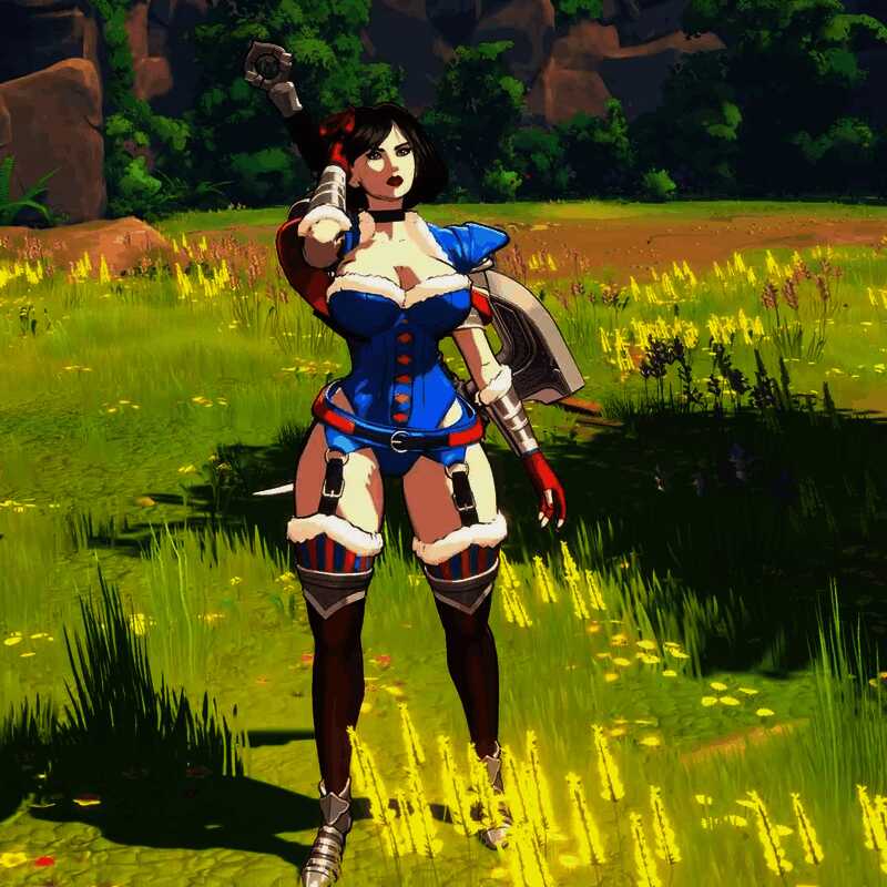 公主在昏暗走廊中挥剑斩敌，比基尼战衣与血迹形成强烈视觉对比