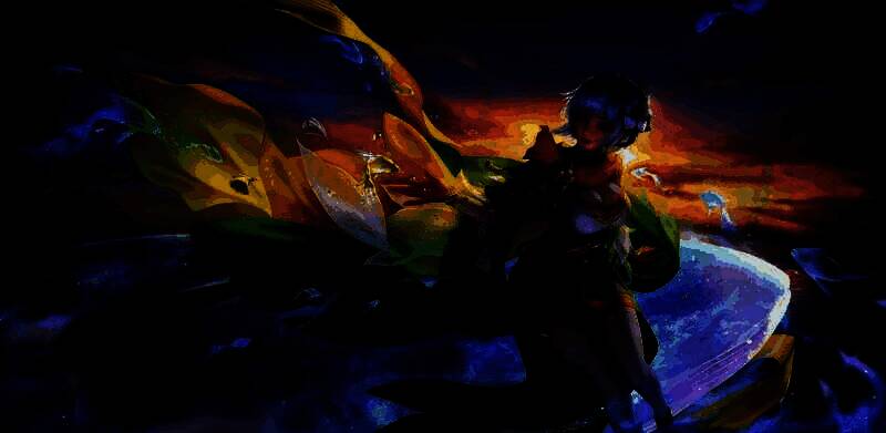 乐大乔传说皮肤展示，身着霓裳羽衣，手持古琴，舞台光影环绕，特效绚丽如梦似幻