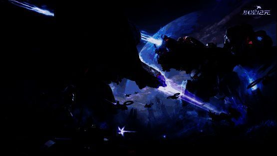 大规模星际战场全景，多支舰队在行星轨道交火，爆炸光效与飞行轨迹交织成网