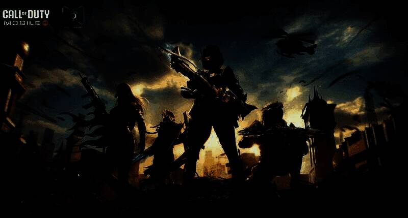 《使命召唤：移动版》游戏宣传画面，玩家角色持枪在战场中激烈交火，画面充满动感与科技感