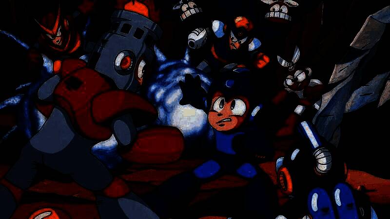 《洛克人》经典角色洛克人手持武器摆出战斗姿态，背景为充满科技感的城市废墟，整体画面复古而富有动感