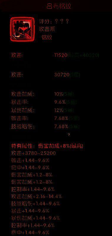 红色铭纹吕布属性界面，显示伤害加成与狂暴套装效果