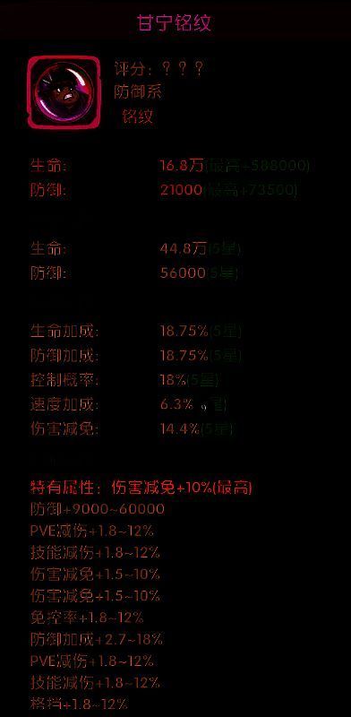 甘宁铭纹属性展示，突出清灵套装与防御加成
