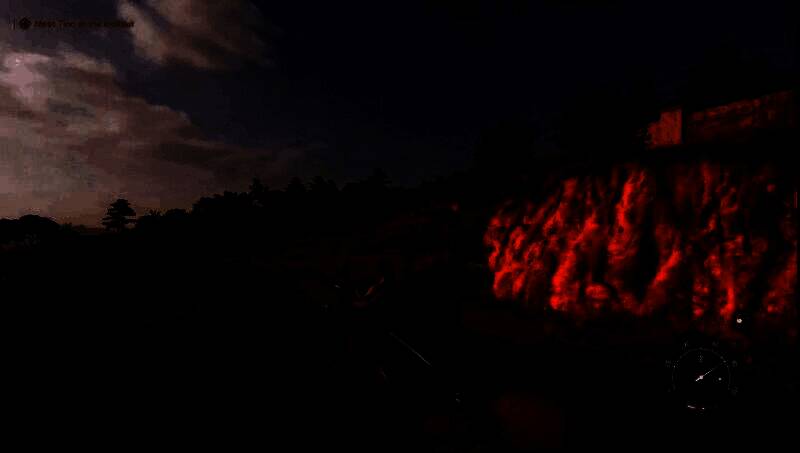 夜景战斗场景，火光映照角色面部，氛围压抑