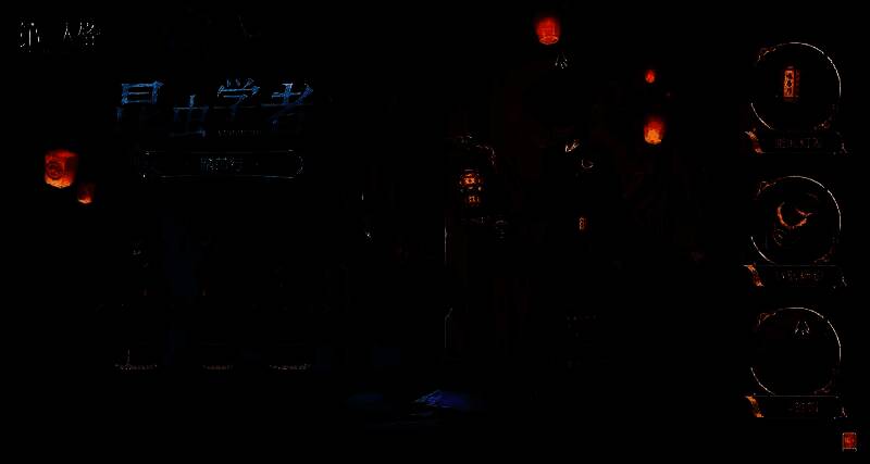 昆虫学者-踏莎行动态展示，角色在庄园小道缓步前行，灯笼微光摇曳，身后落叶纷飞，氛围静谧而富有诗意