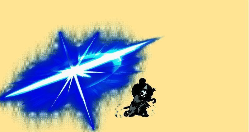 技能特效演示图，SP骨头吉腾空而起，剑光四散，寒气与音符交织，敌人被击飞并显示‘畏惧’与‘减防’状态图标