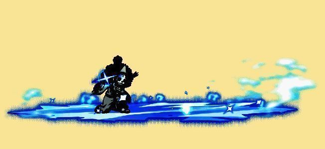 冰面技能展示图，地面覆盖蓝色冰晶，敌人踩上后滑倒，头顶出现‘行动中断’提示，背景有音符波动特效