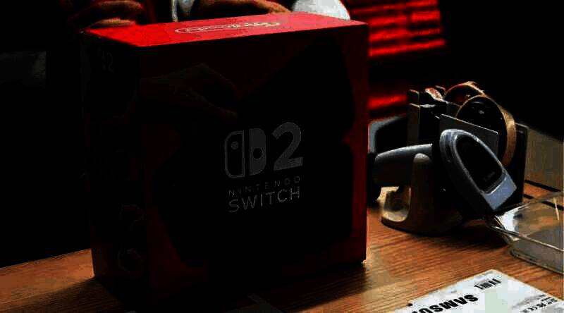 任天堂Switch 2主机展示图，黑色机身搭配高清屏幕，手柄可拆卸设计，整体科技感十足