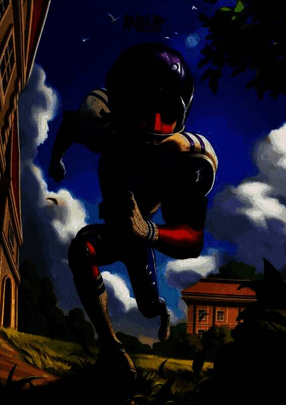 前锋身穿蓝白色橄榄球服在阳光下的绿茵场上奔跑，头盔与肩甲带有闪电图案，背景蓝天白云，充满运动活力