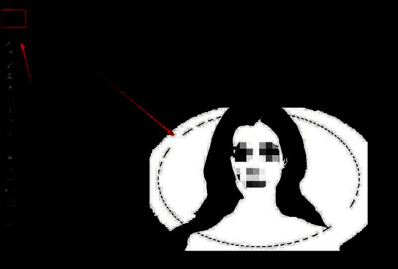 椭圆选框工具正围绕人像头部进行选取，画面背景呈闪烁虚线状态