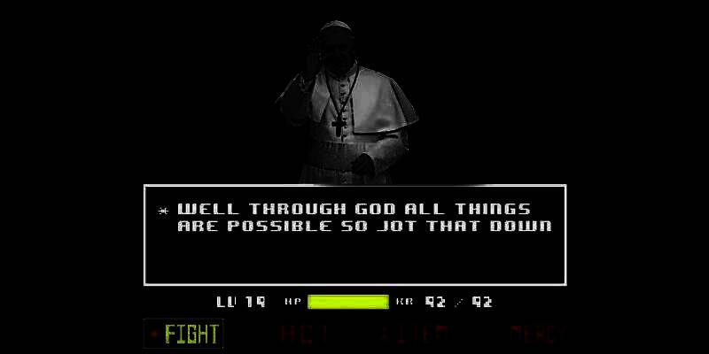 MatPat与教皇方济各会面的历史照片，手中拿着《传说之下》游戏光盘